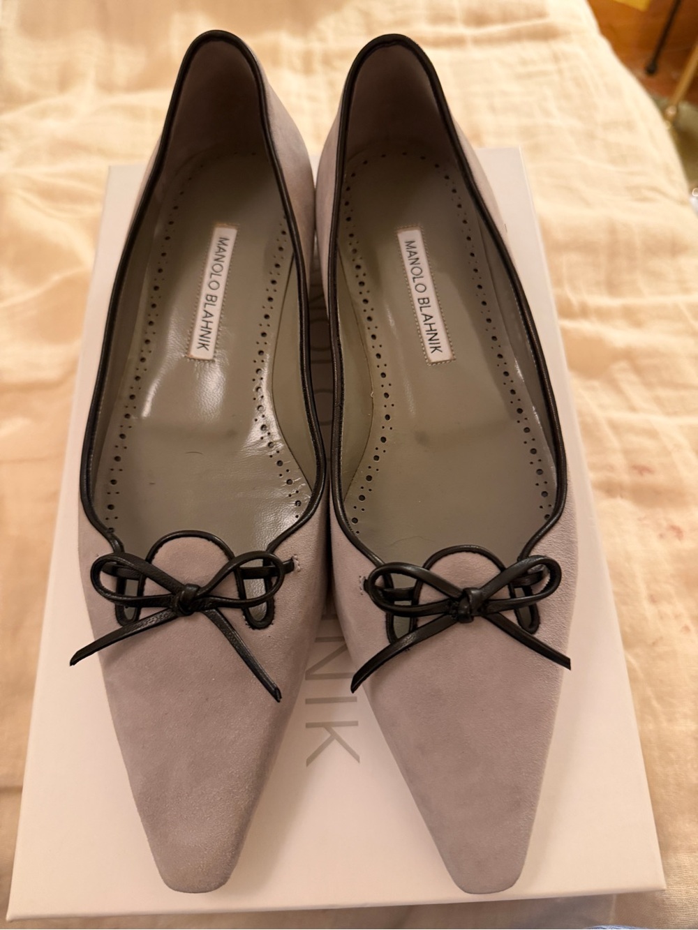 Manolo Blahnik Light Gray Suede Pointed Flats with Black Trim and Bow